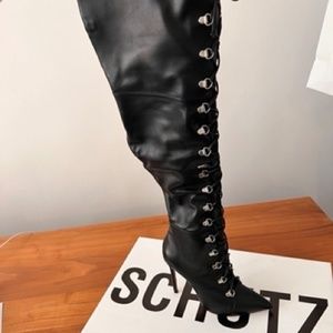 NWT SCHUTZ  black leather stiletto thigh high over the knee lace up boots SEXY